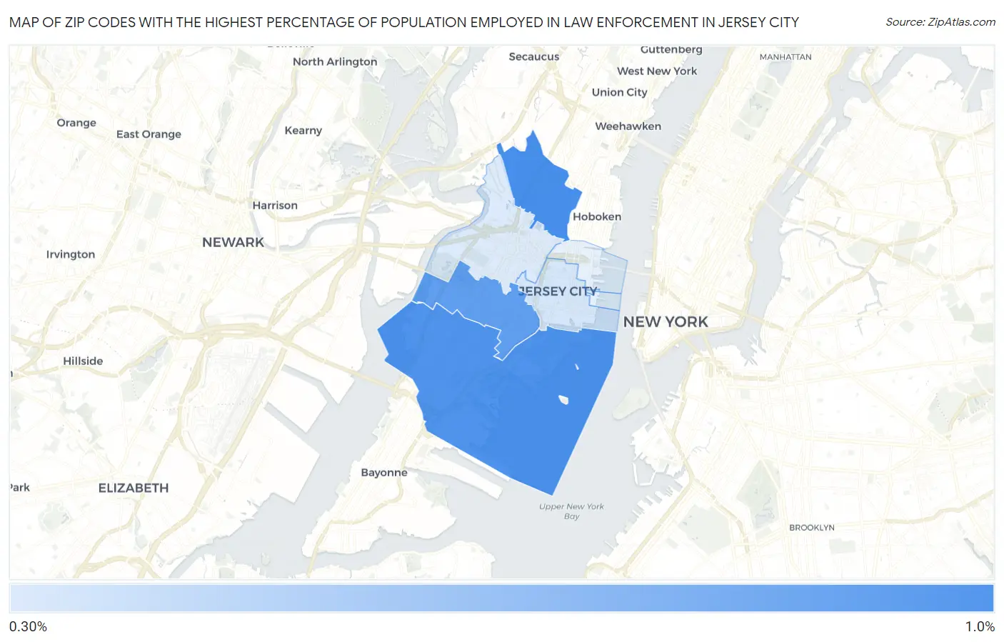 Zip Codes with the Highest Percentage of Population Employed in Law Enforcement in Jersey City Map