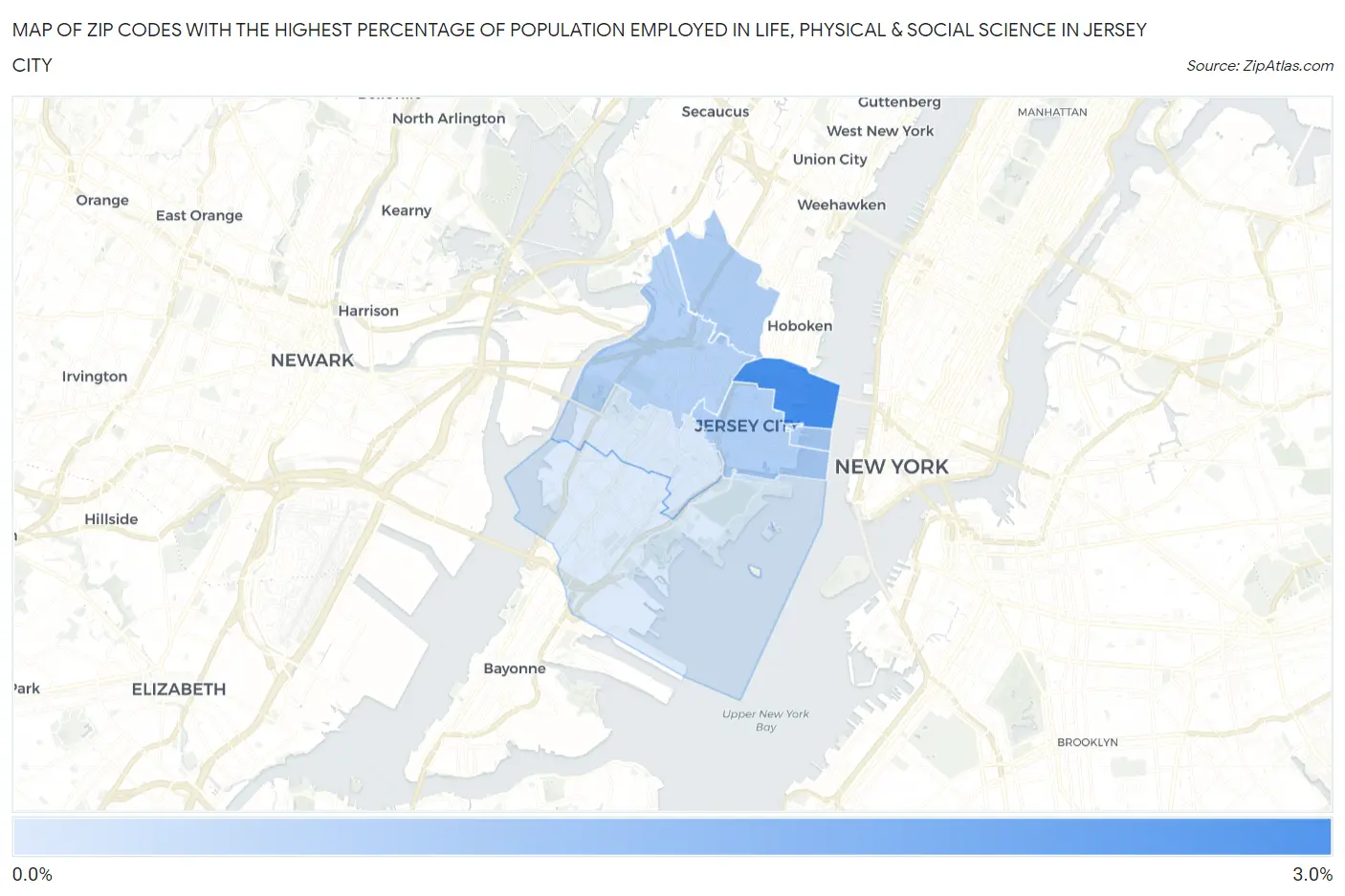 Zip Codes with the Highest Percentage of Population Employed in Life, Physical & Social Science in Jersey City Map