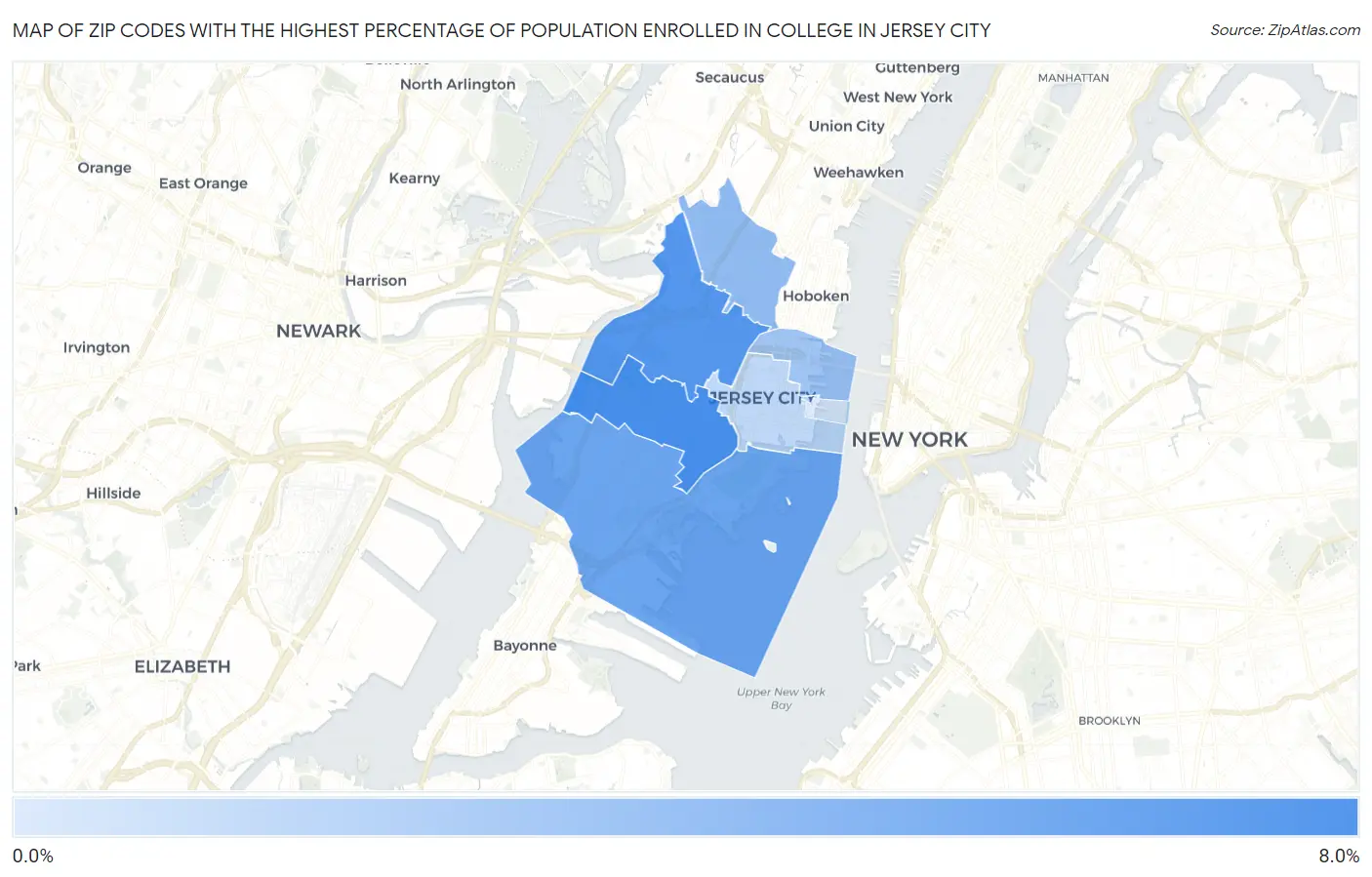 Zip Codes with the Highest Percentage of Population Enrolled in College in Jersey City Map
