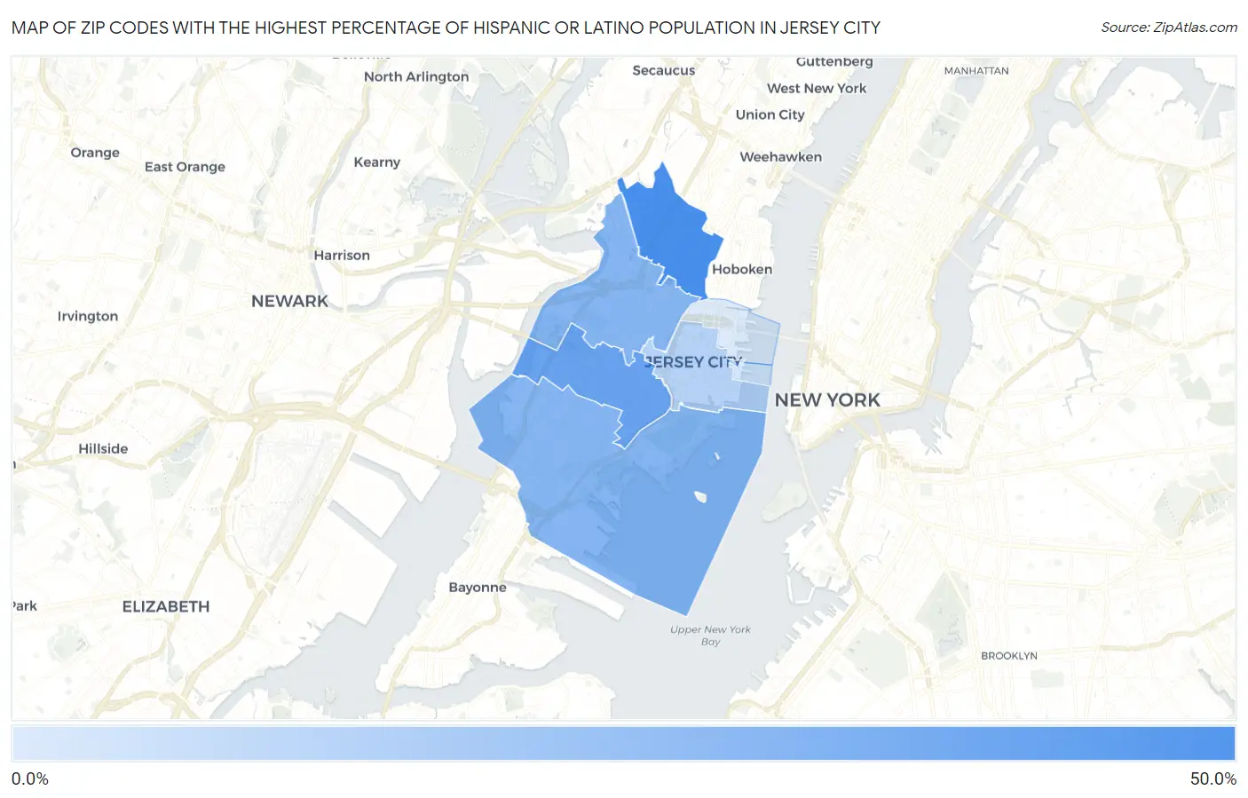 Zip Codes with the Highest Percentage of Hispanic or Latino Population in Jersey City Map