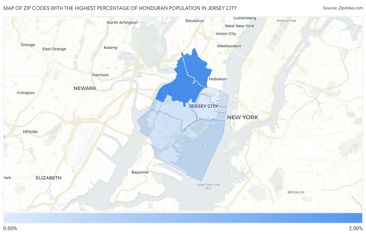 Zip Codes with the Highest Percentage of Honduran Population in Jersey City Map