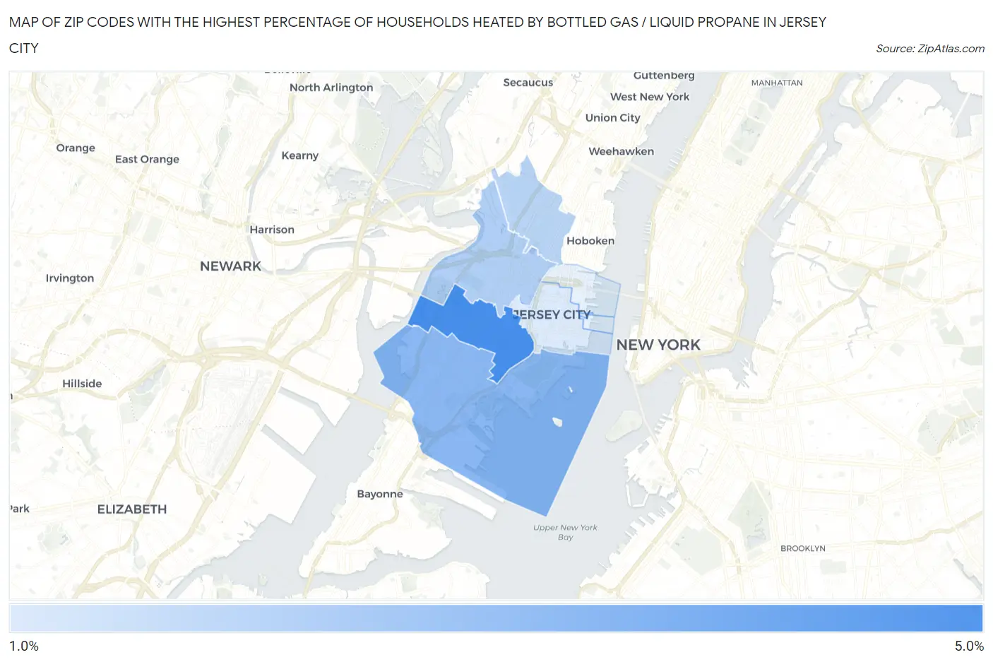Zip Codes with the Highest Percentage of Households Heated by Bottled Gas / Liquid Propane in Jersey City Map