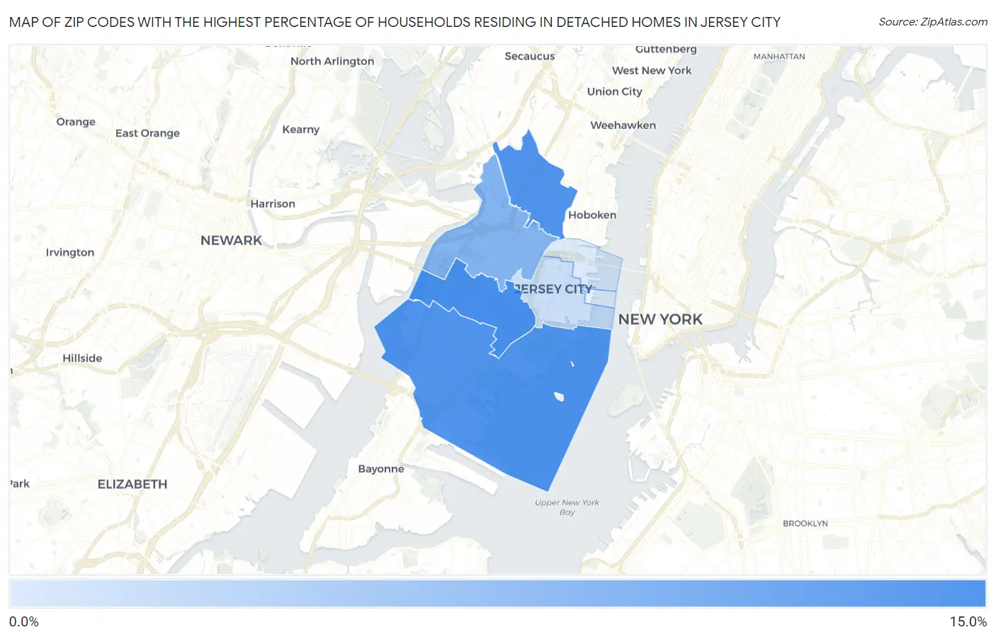 Zip Codes with the Highest Percentage of Households Residing in Detached Homes in Jersey City Map
