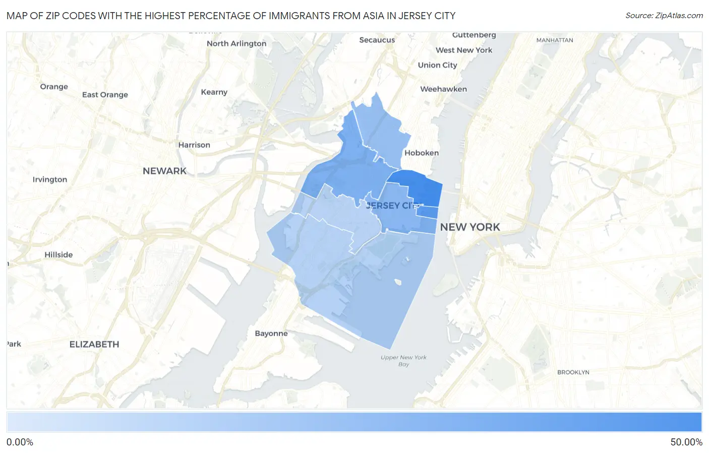 Zip Codes with the Highest Percentage of Immigrants from Asia in Jersey City Map