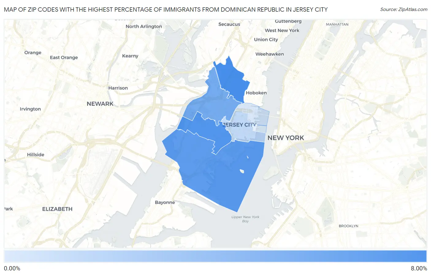 Zip Codes with the Highest Percentage of Immigrants from Dominican Republic in Jersey City Map