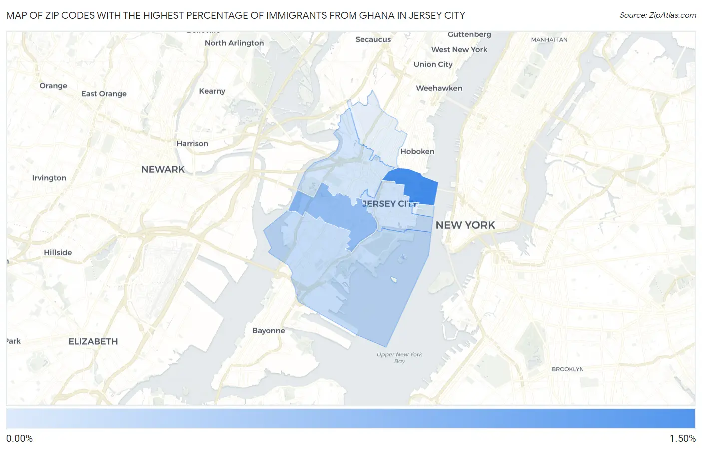 Zip Codes with the Highest Percentage of Immigrants from Ghana in Jersey City Map