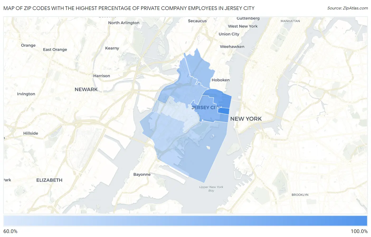 Zip Codes with the Highest Percentage of Private Company Employees in Jersey City Map