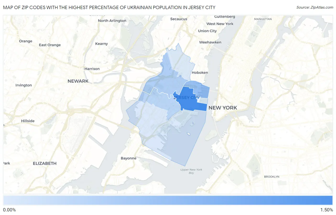Zip Codes with the Highest Percentage of Ukrainian Population in Jersey City Map