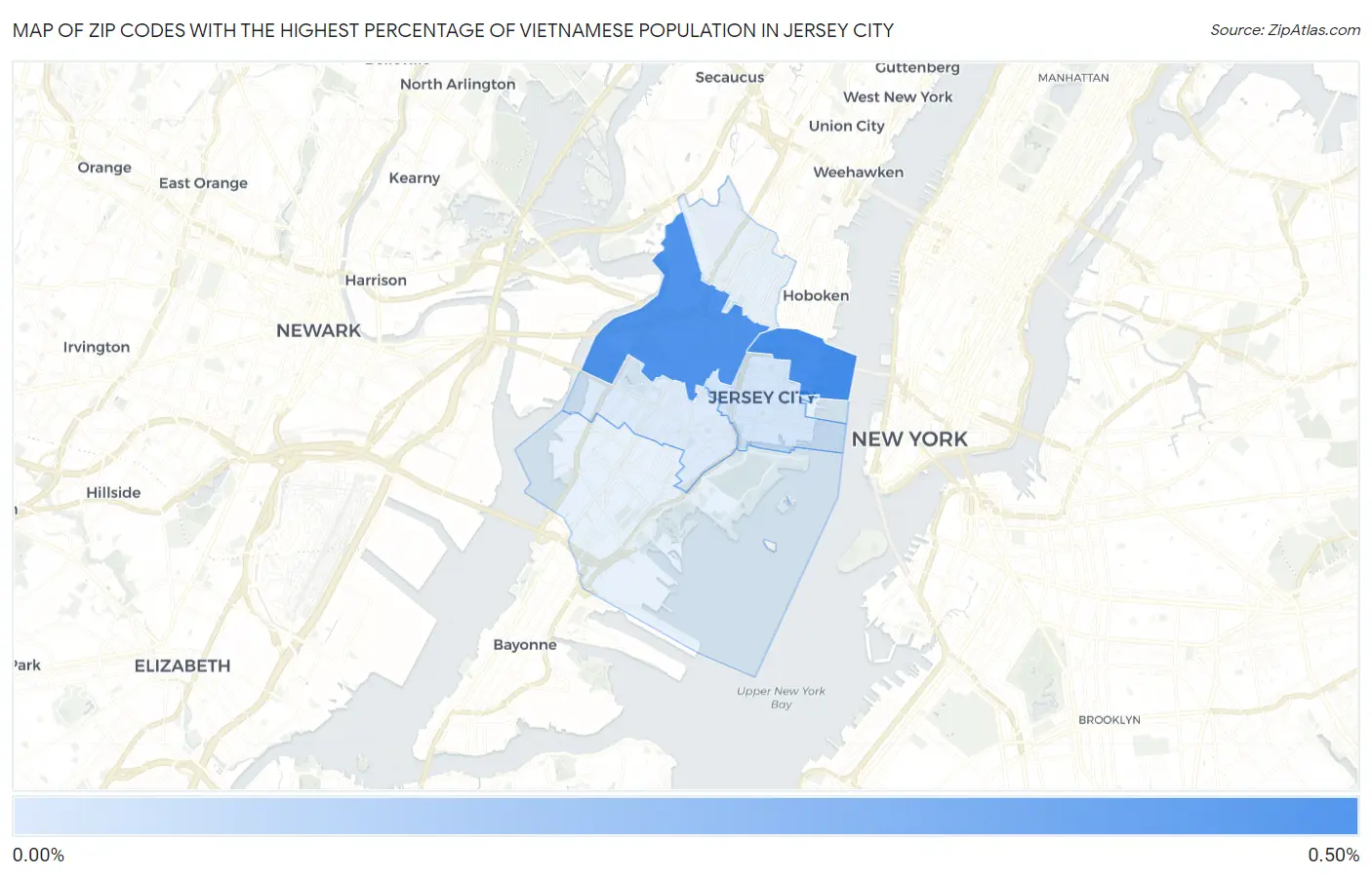 Zip Codes with the Highest Percentage of Vietnamese Population in Jersey City Map