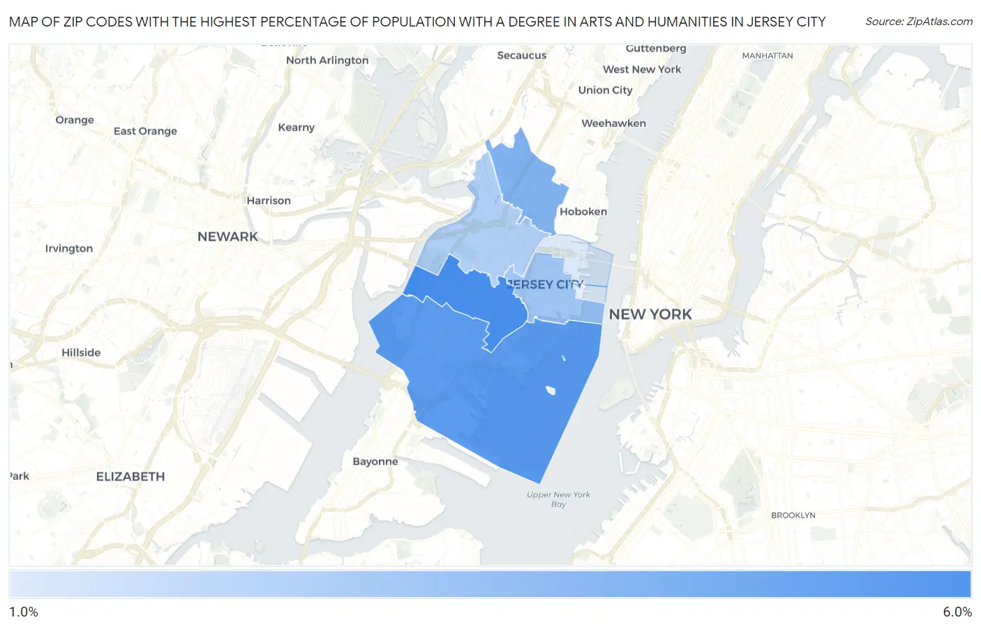 Zip Codes with the Highest Percentage of Population with a Degree in Arts and Humanities in Jersey City Map