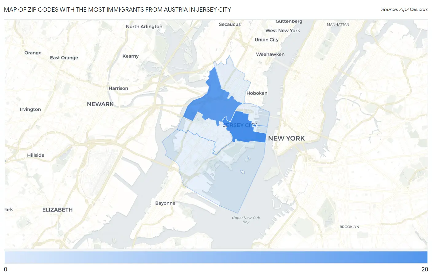 Zip Codes with the Most Immigrants from Austria in Jersey City Map