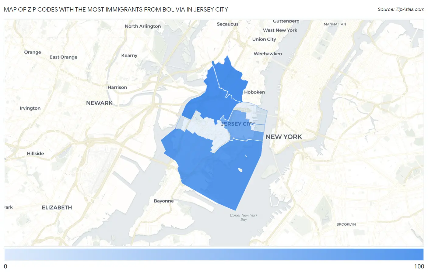 Zip Codes with the Most Immigrants from Bolivia in Jersey City Map