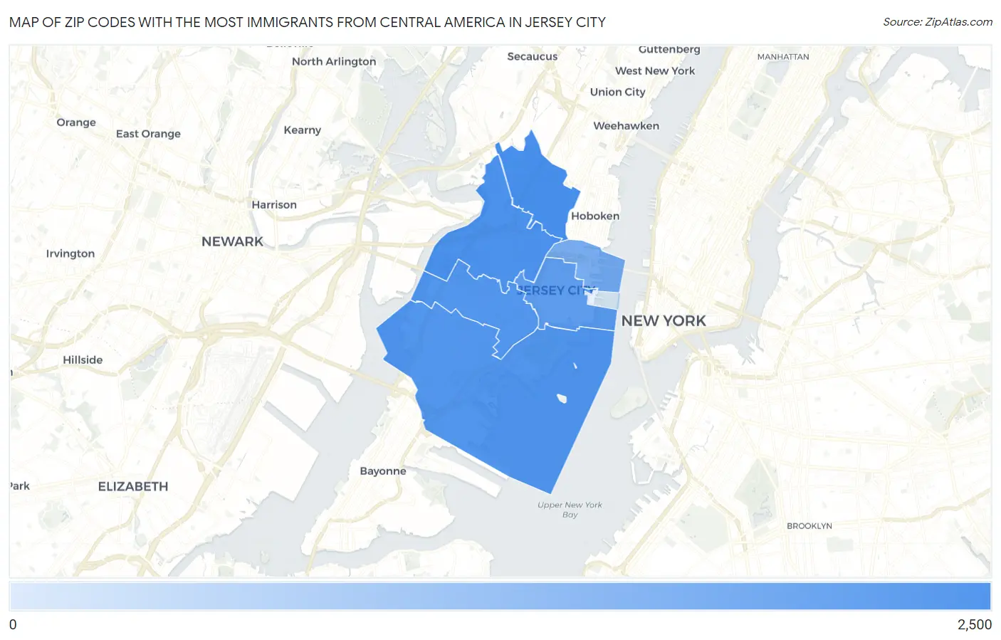 Zip Codes with the Most Immigrants from Central America in Jersey City Map