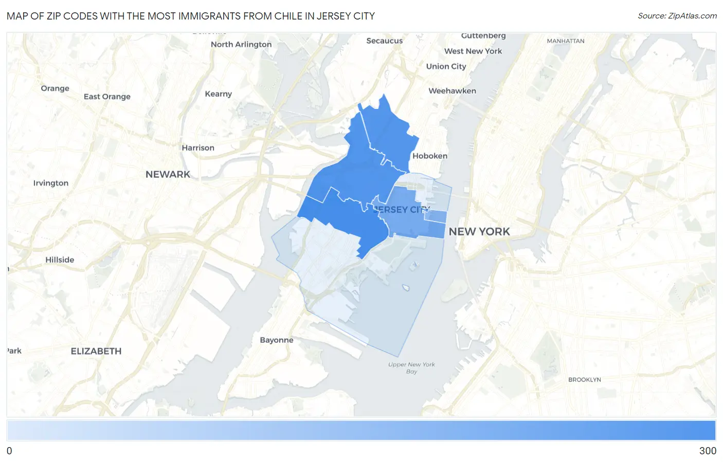 Zip Codes with the Most Immigrants from Chile in Jersey City Map