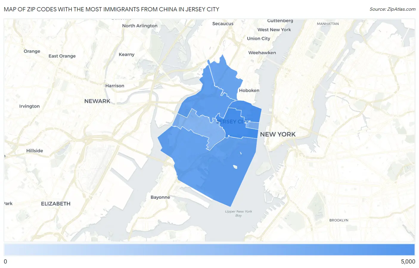 Zip Codes with the Most Immigrants from China in Jersey City Map