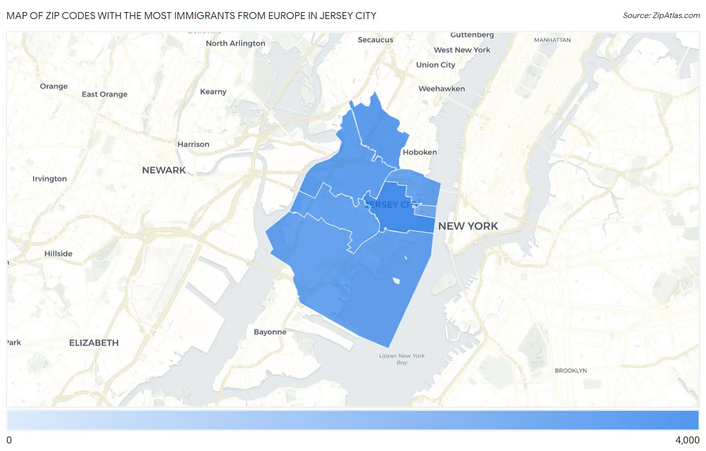 Zip Codes with the Most Immigrants from Europe in Jersey City Map