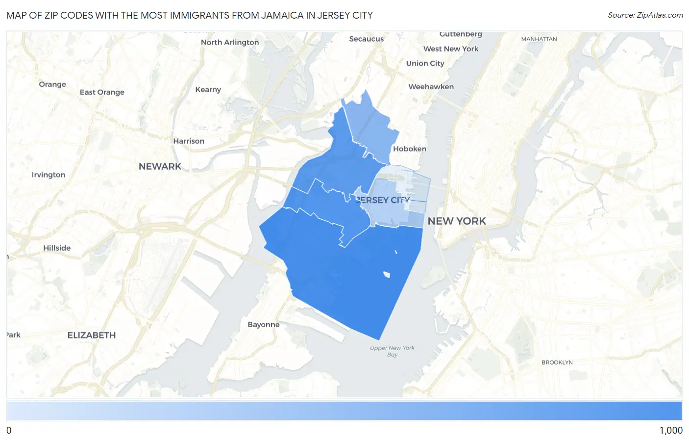 Zip Codes with the Most Immigrants from Jamaica in Jersey City Map