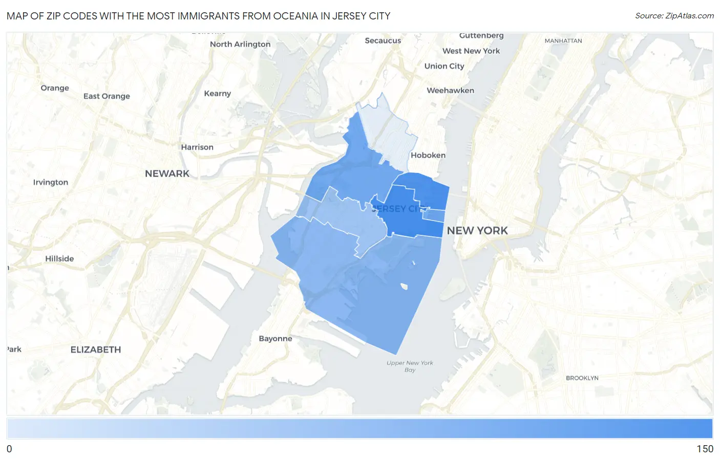 Zip Codes with the Most Immigrants from Oceania in Jersey City Map