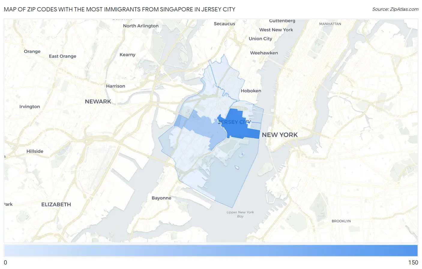 Zip Codes with the Most Immigrants from Singapore in Jersey City Map