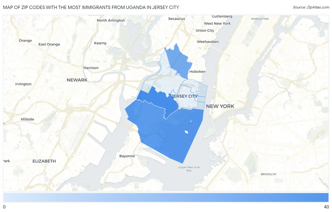 Zip Codes with the Most Immigrants from Uganda in Jersey City Map