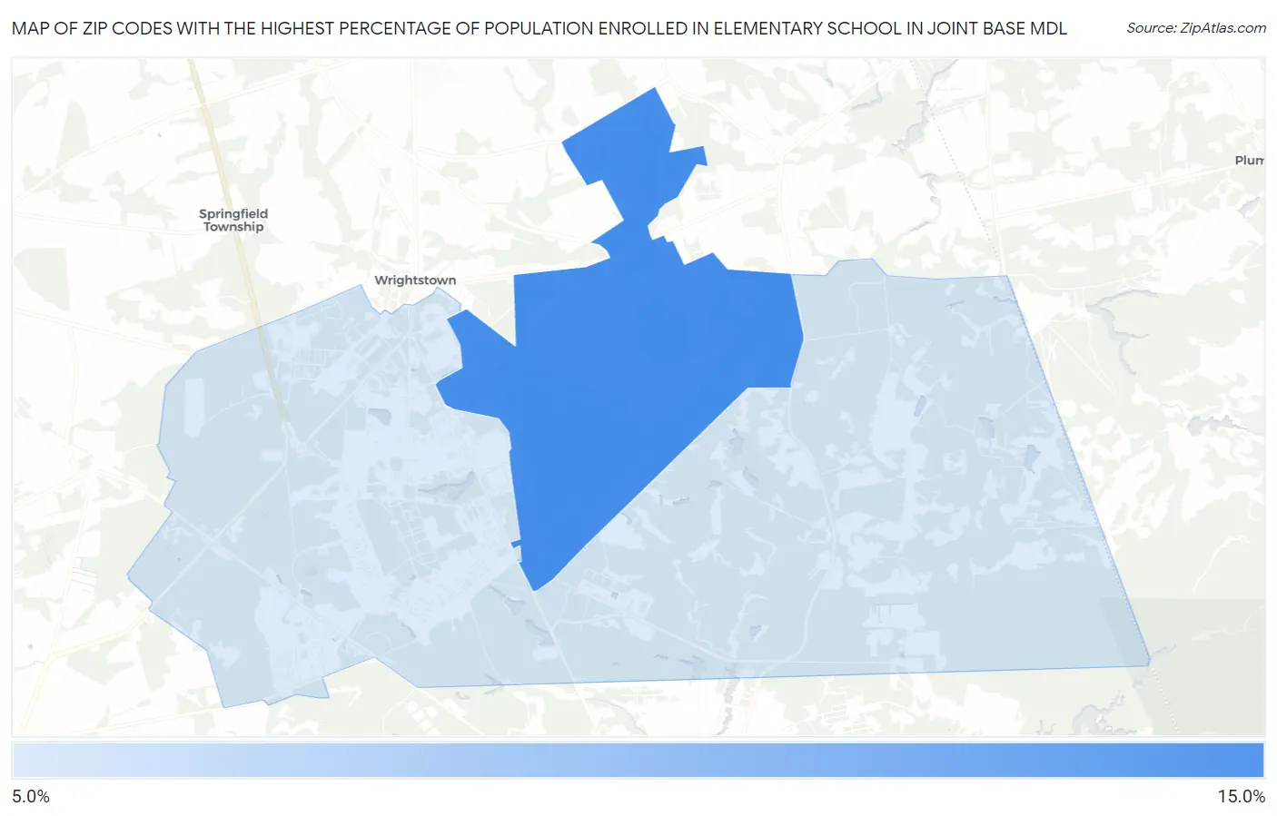 Zip Codes with the Highest Percentage of Population Enrolled in Elementary School in Joint Base Mdl Map