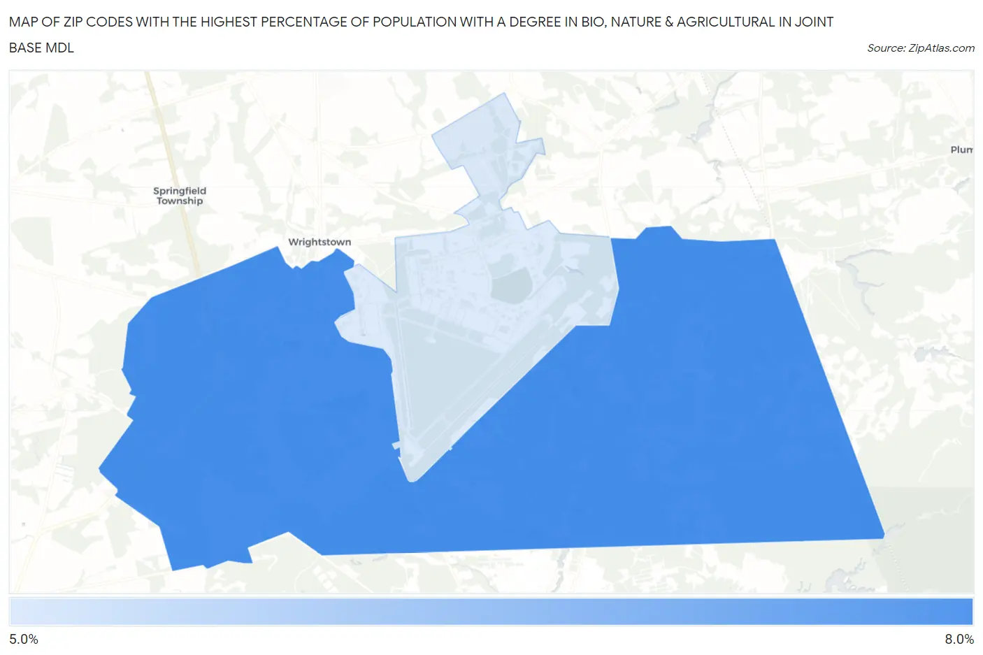 Zip Codes with the Highest Percentage of Population with a Degree in Bio, Nature & Agricultural in Joint Base Mdl Map