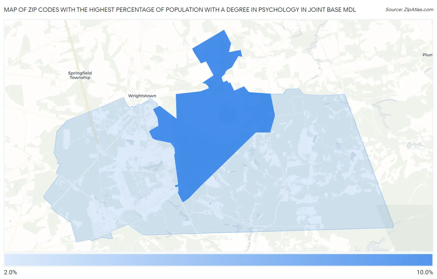 Zip Codes with the Highest Percentage of Population with a Degree in Psychology in Joint Base Mdl Map