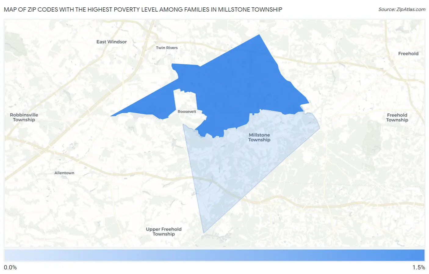 Zip Codes with the Highest Poverty Level Among Families in Millstone Township Map