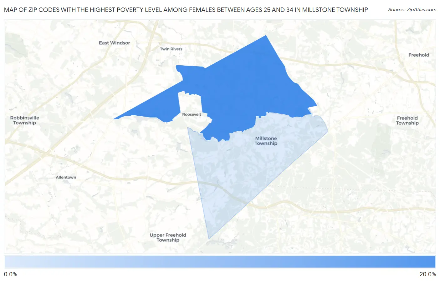 Zip Codes with the Highest Poverty Level Among Females Between Ages 25 and 34 in Millstone Township Map