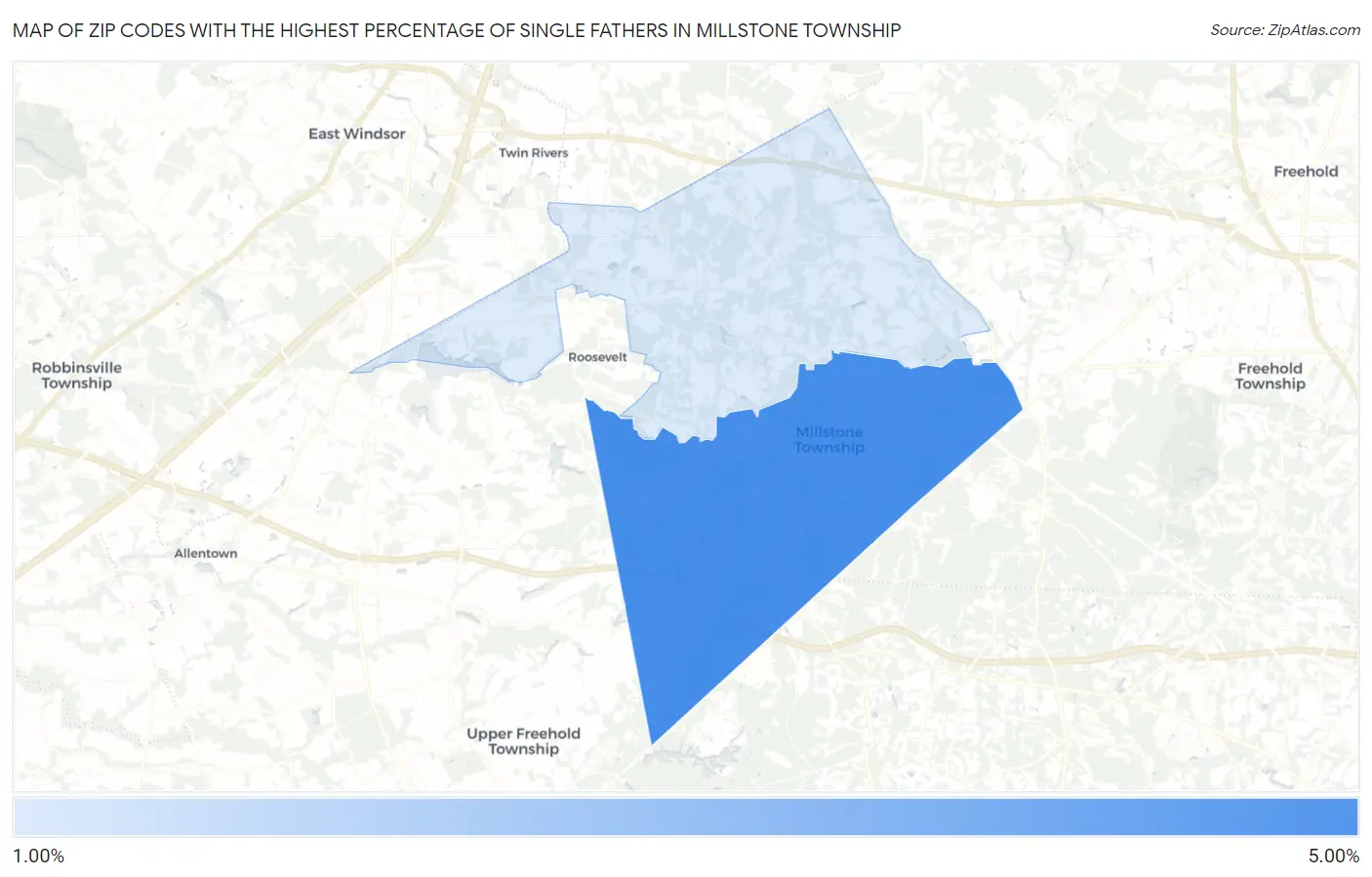 Zip Codes with the Highest Percentage of Single Fathers in Millstone Township Map