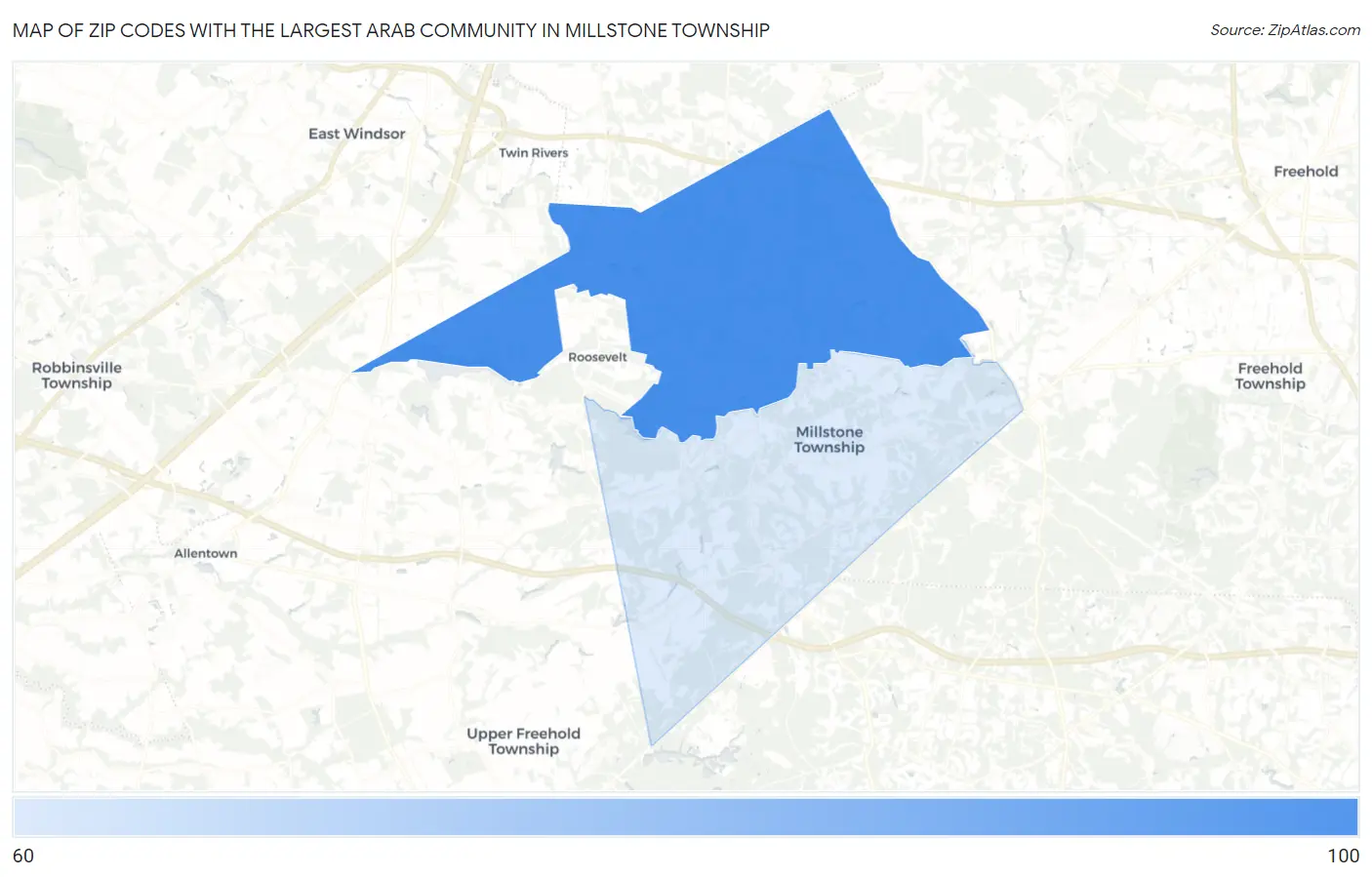 Zip Codes with the Largest Arab Community in Millstone Township Map