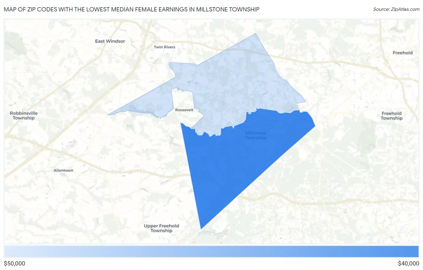 Zip Codes with the Lowest Median Female Earnings in Millstone Township Map