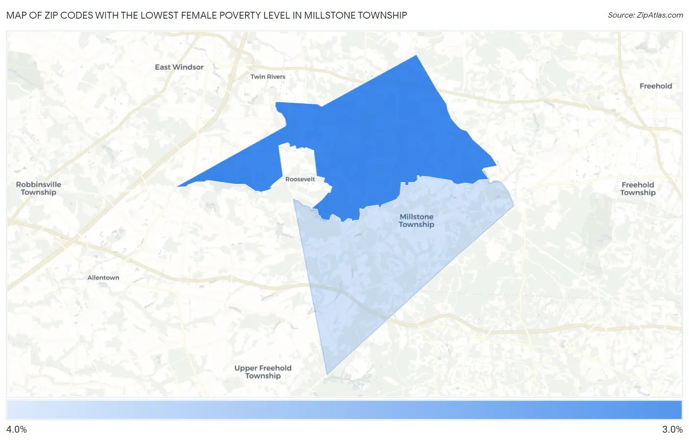 Zip Codes with the Lowest Female Poverty Level in Millstone Township Map