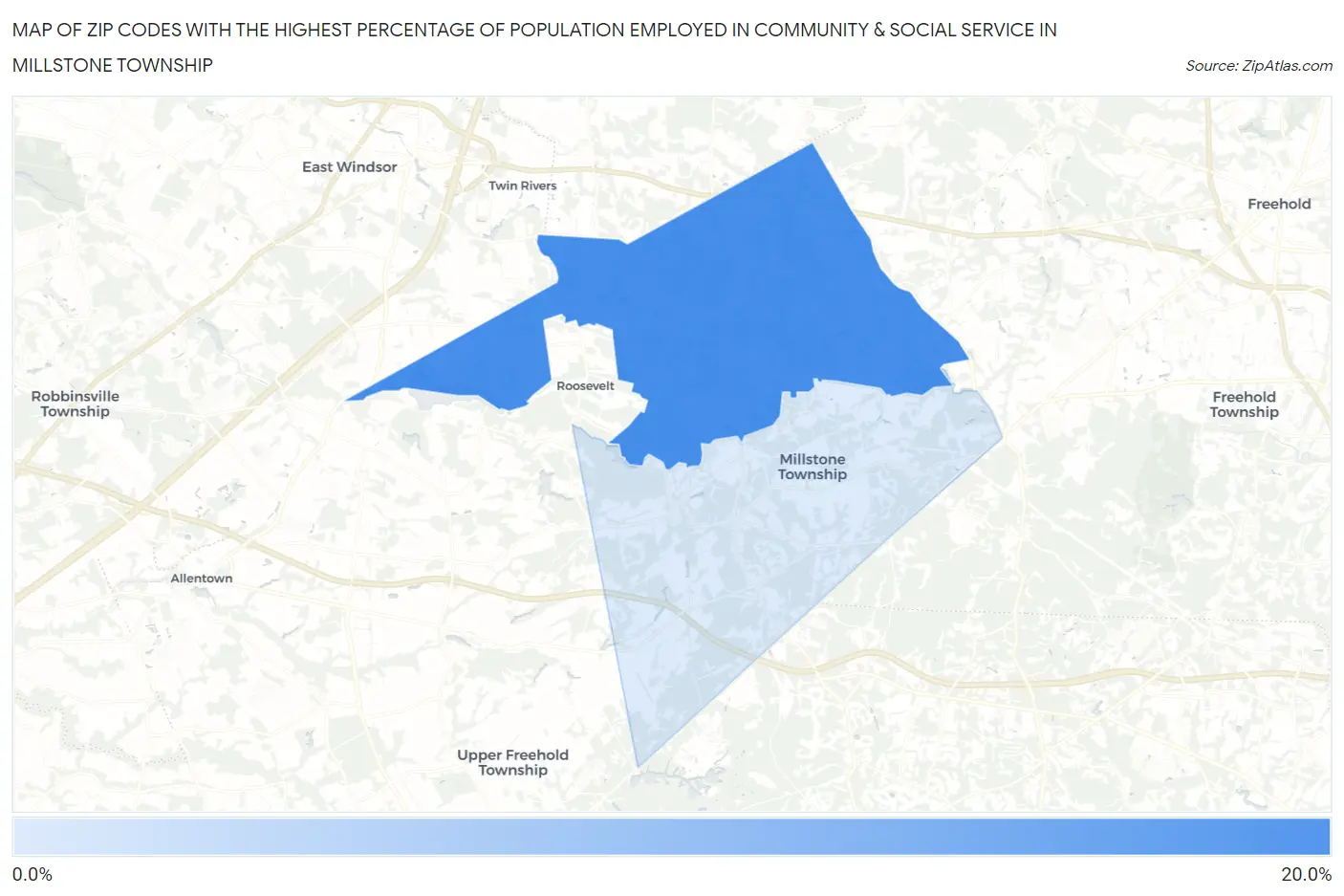 Zip Codes with the Highest Percentage of Population Employed in Community & Social Service  in Millstone Township Map