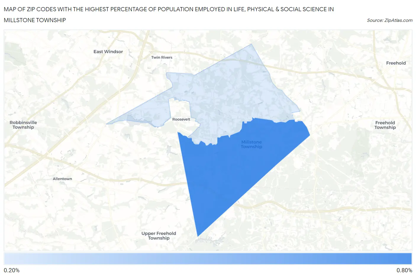 Zip Codes with the Highest Percentage of Population Employed in Life, Physical & Social Science in Millstone Township Map