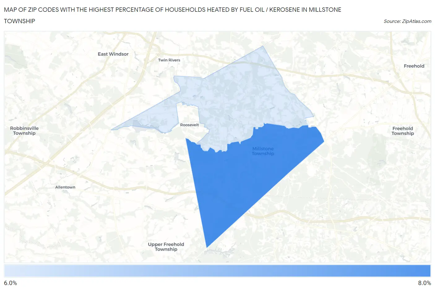 Zip Codes with the Highest Percentage of Households Heated by Fuel Oil / Kerosene in Millstone Township Map