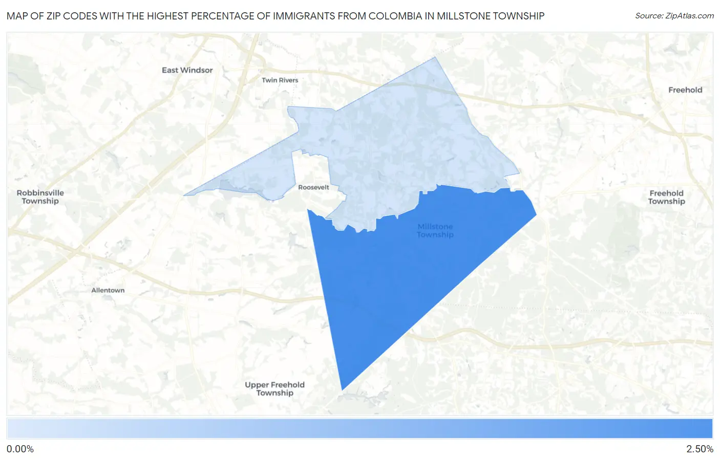 Zip Codes with the Highest Percentage of Immigrants from Colombia in Millstone Township Map