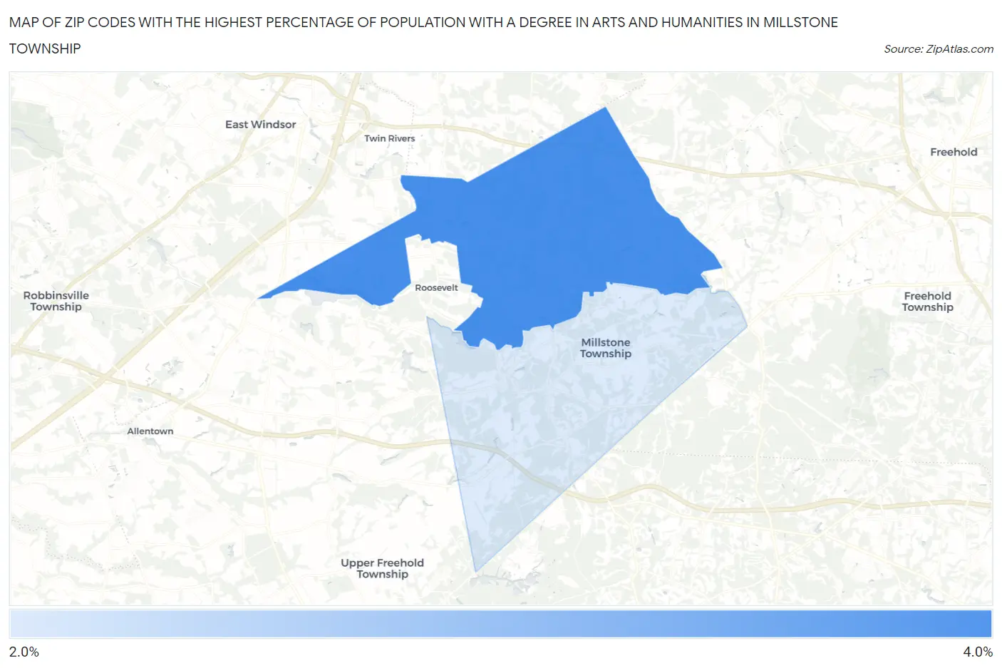 Zip Codes with the Highest Percentage of Population with a Degree in Arts and Humanities in Millstone Township Map