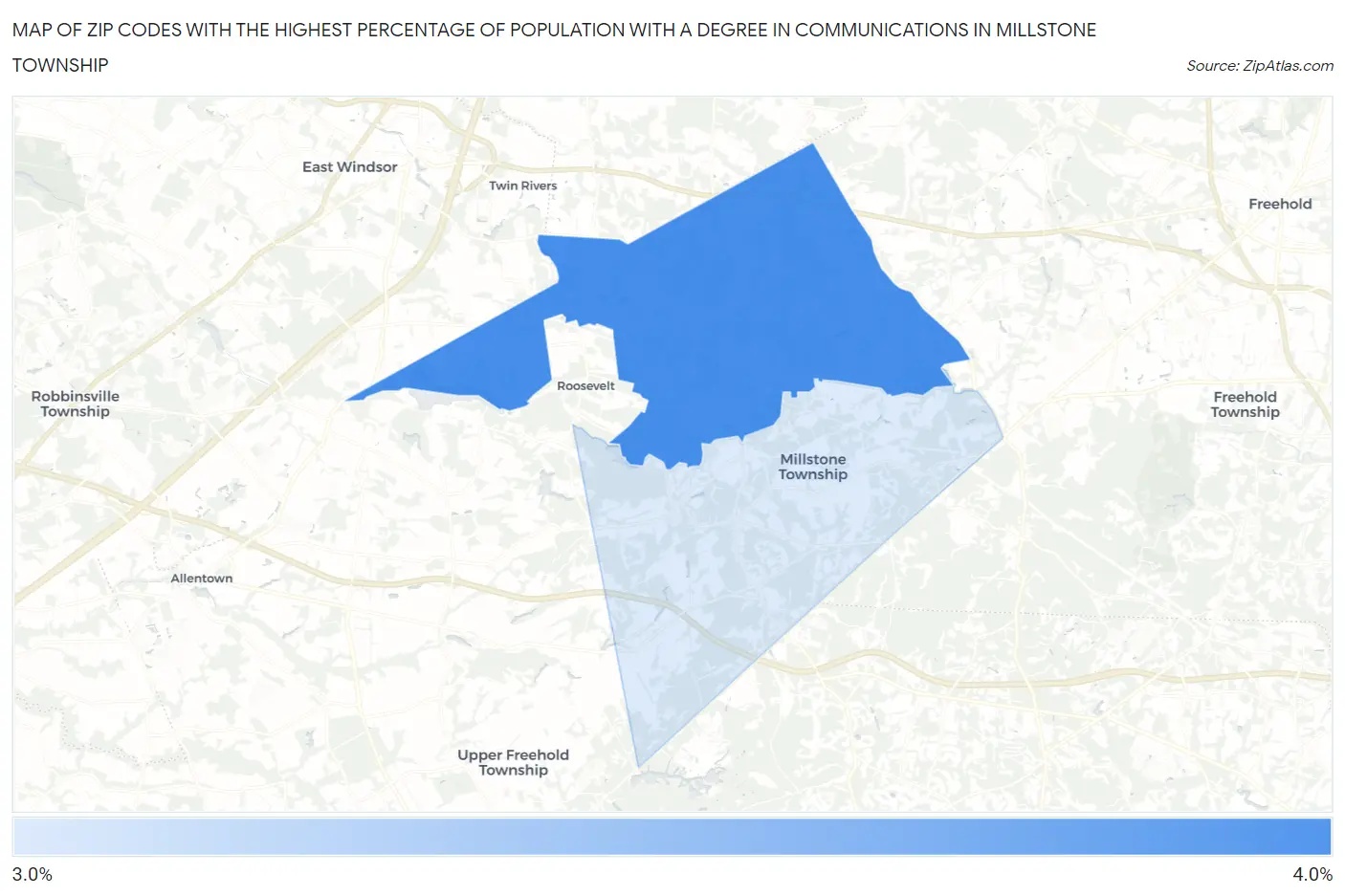 Zip Codes with the Highest Percentage of Population with a Degree in Communications in Millstone Township Map