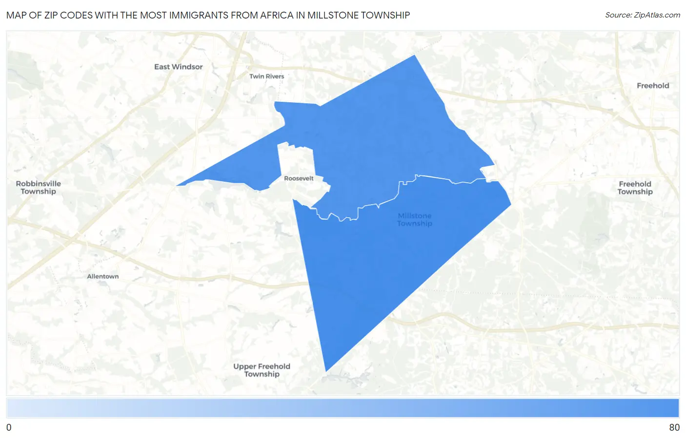 Zip Codes with the Most Immigrants from Africa in Millstone Township Map