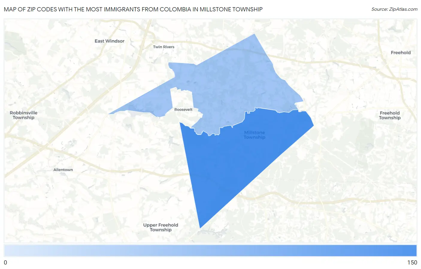 Zip Codes with the Most Immigrants from Colombia in Millstone Township Map