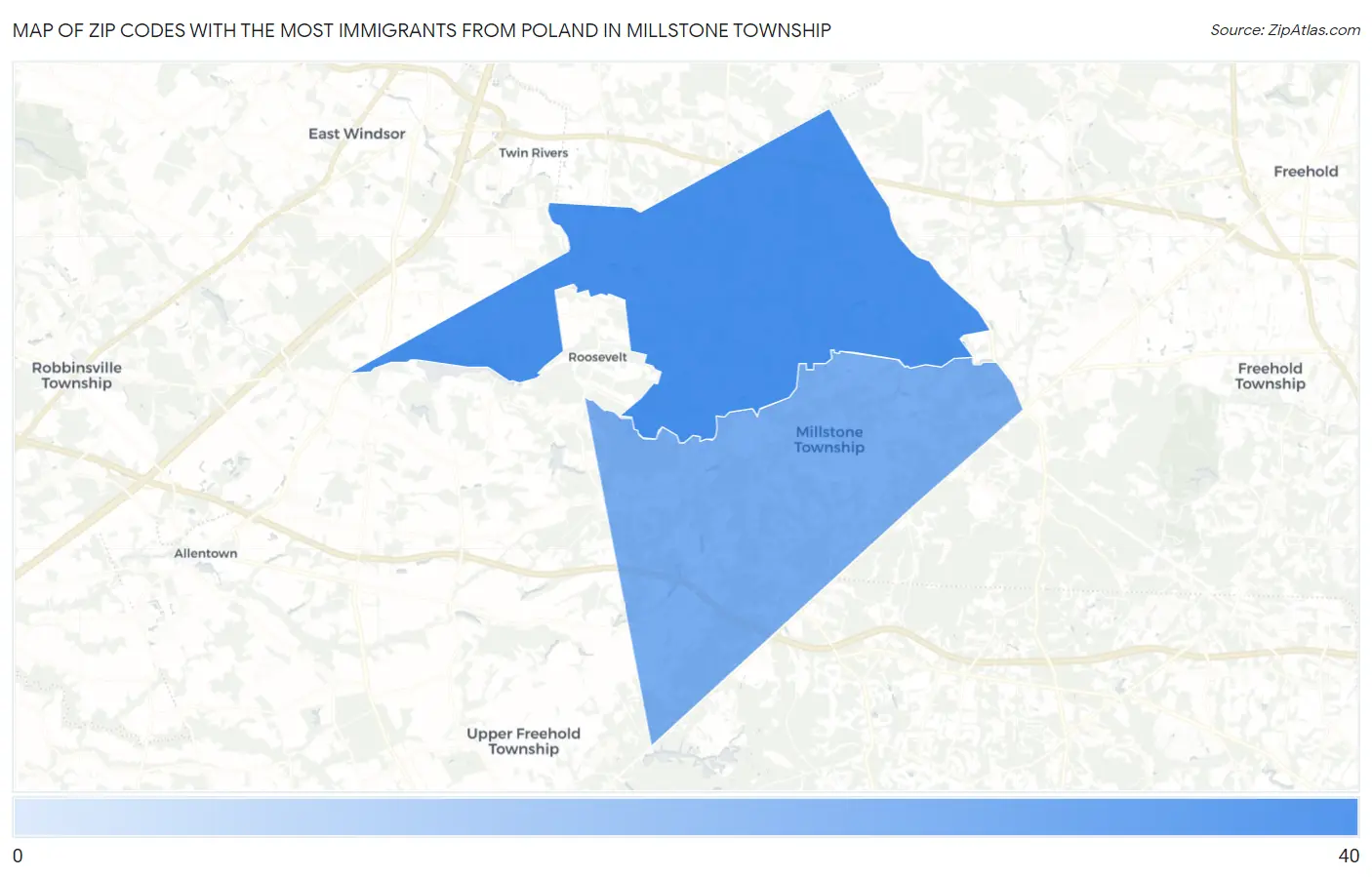 Zip Codes with the Most Immigrants from Poland in Millstone Township Map
