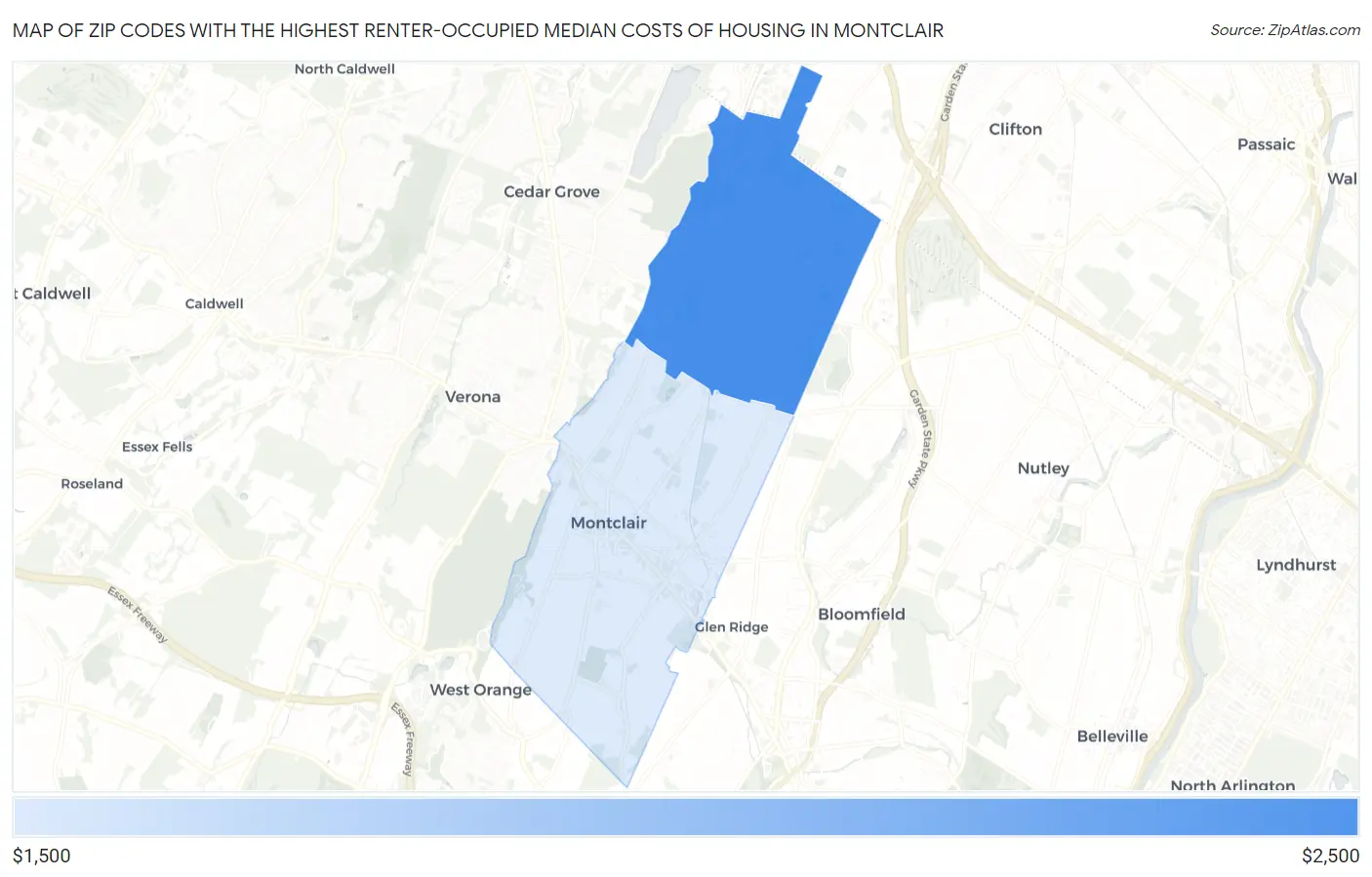 Zip Codes with the Highest Renter-Occupied Median Costs of Housing in Montclair Map