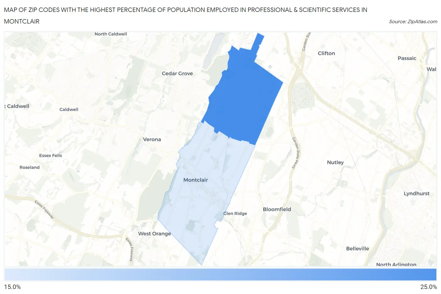 Zip Codes with the Highest Percentage of Population Employed in Professional & Scientific Services in Montclair Map