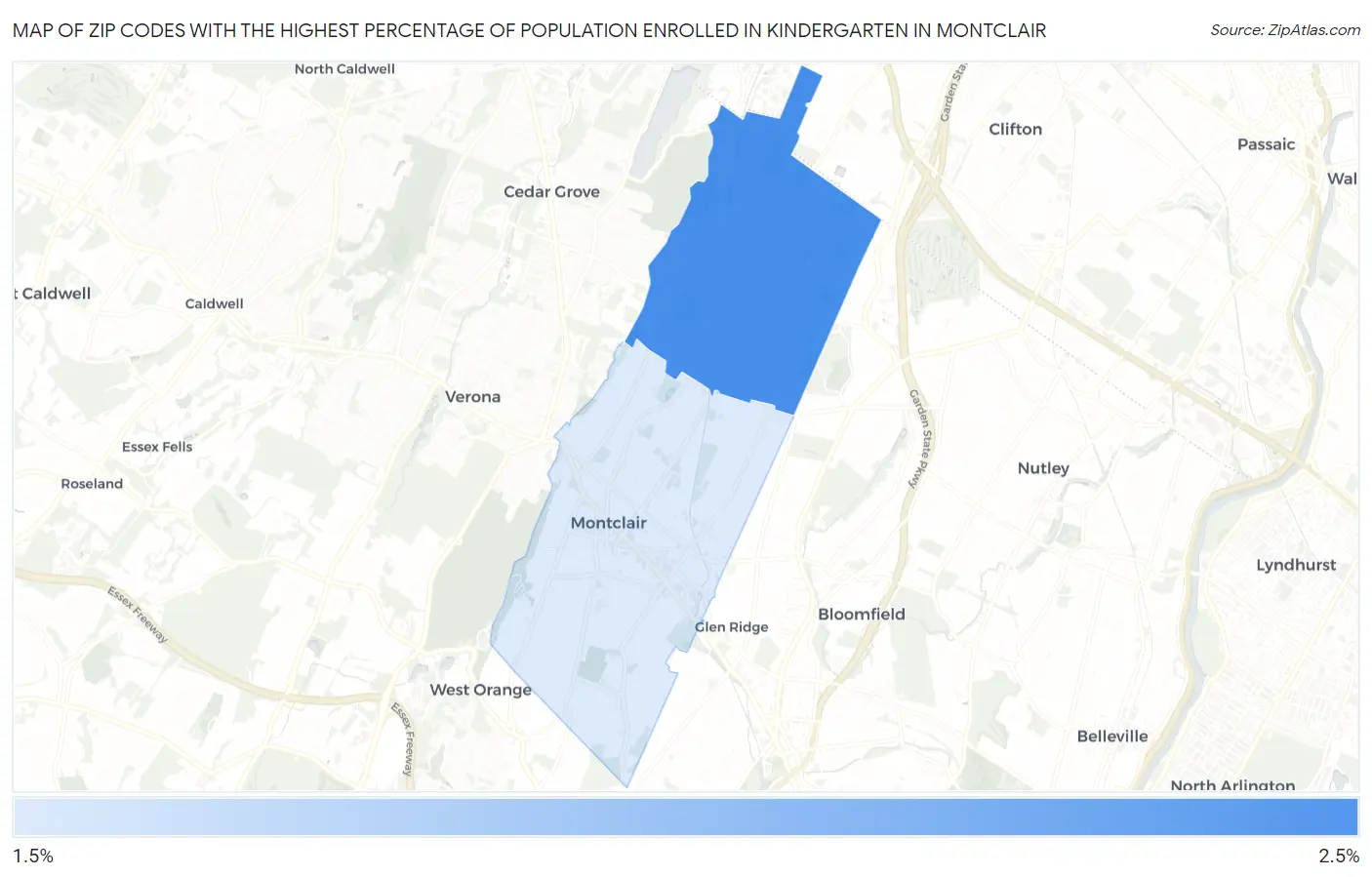Zip Codes with the Highest Percentage of Population Enrolled in Kindergarten in Montclair Map
