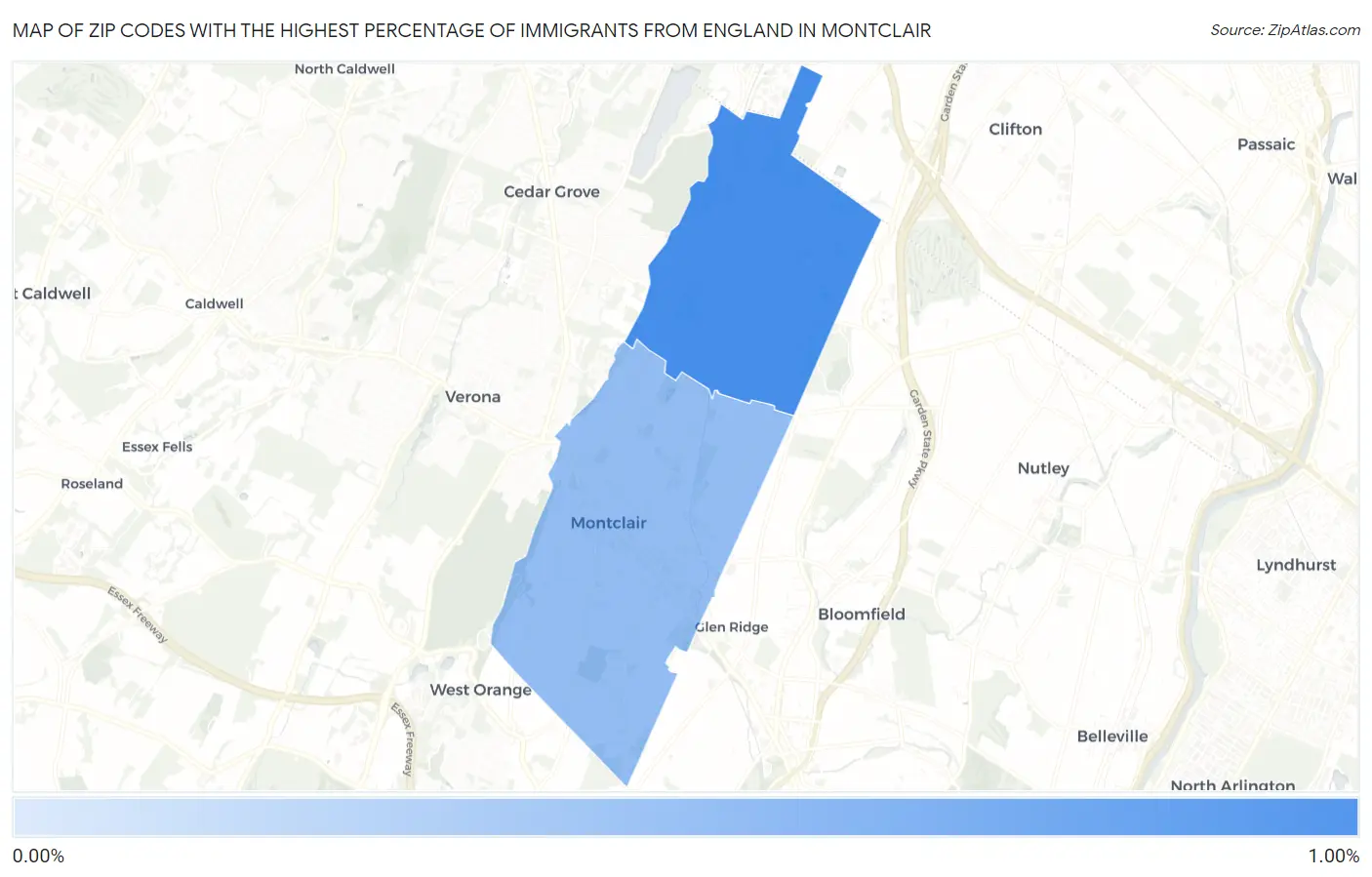 Zip Codes with the Highest Percentage of Immigrants from England in Montclair Map
