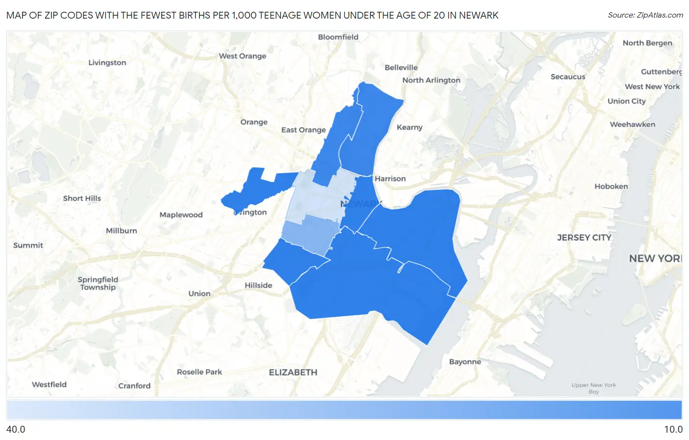 Zip Codes with the Fewest Births per 1,000 Teenage Women Under the Age of 20 in Newark Map