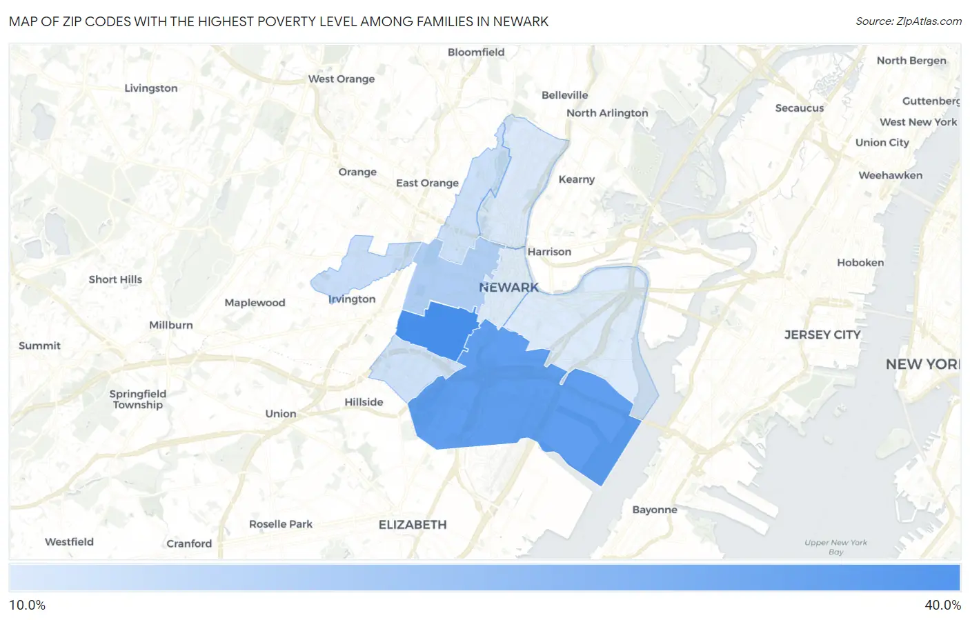 Zip Codes with the Highest Poverty Level Among Families in Newark Map