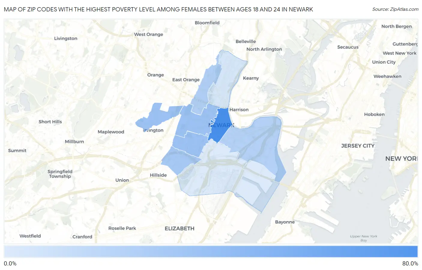 Zip Codes with the Highest Poverty Level Among Females Between Ages 18 and 24 in Newark Map