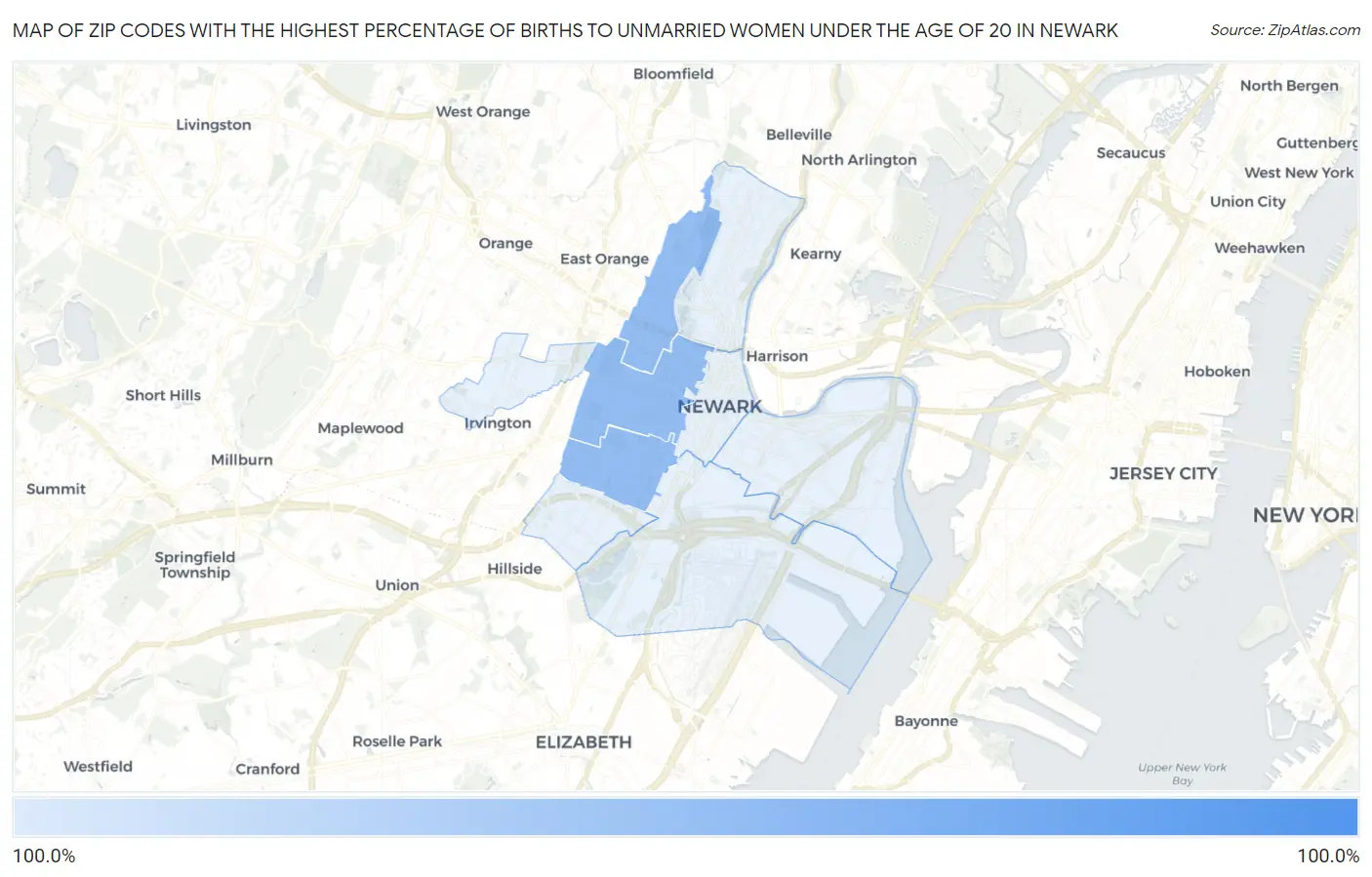 Zip Codes with the Highest Percentage of Births to Unmarried Women under the Age of 20 in Newark Map